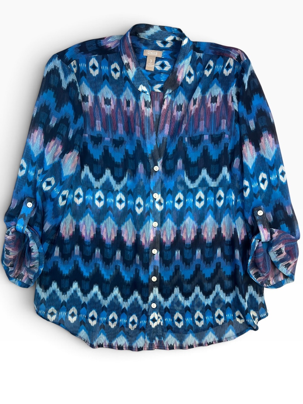 Chico’s Size 3 Blue Ikat Print Button Front Roll Tab Sleeve Boho Blouse